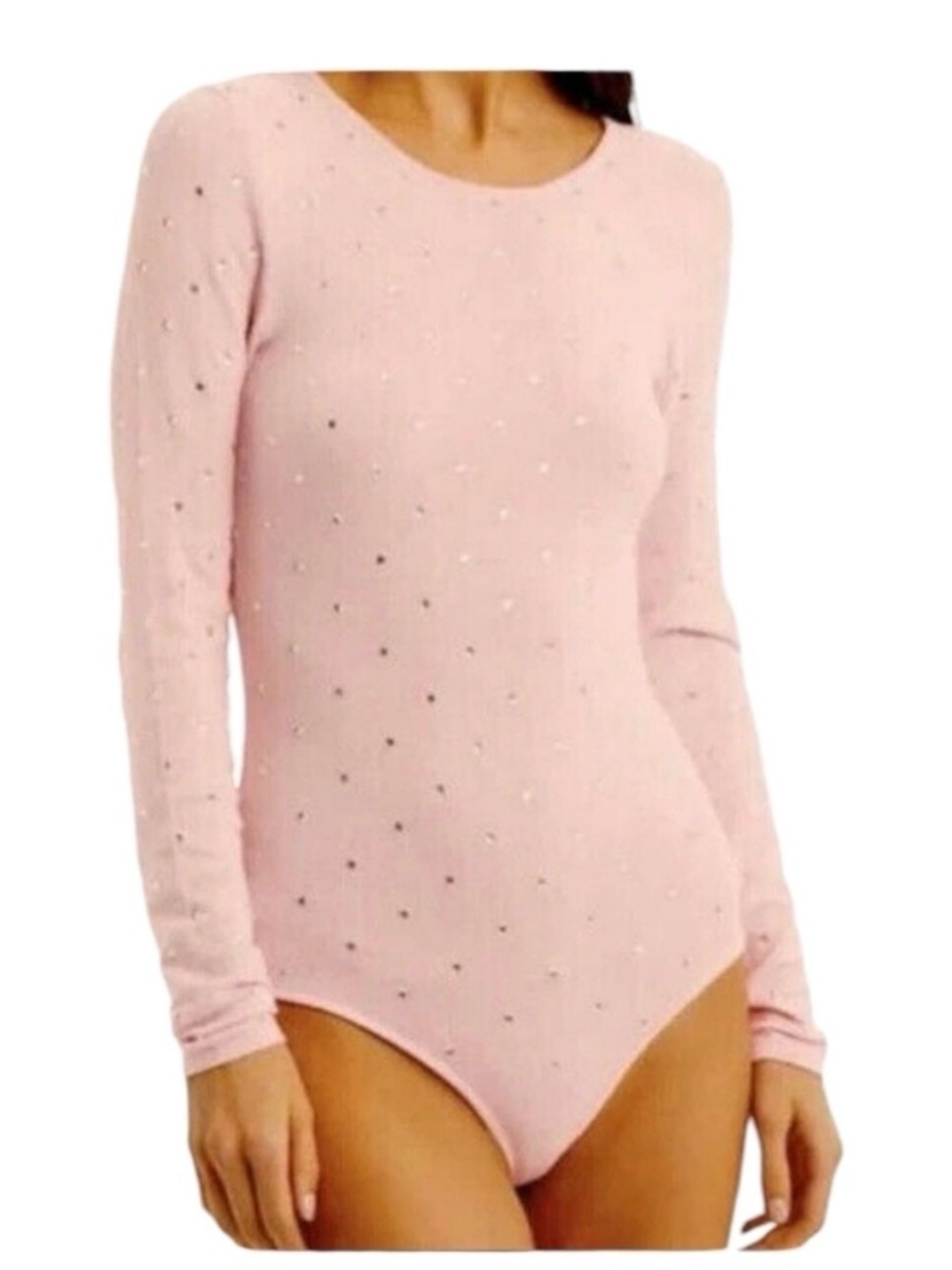 Ronny Kobo pink rhinestone knit bodysuit